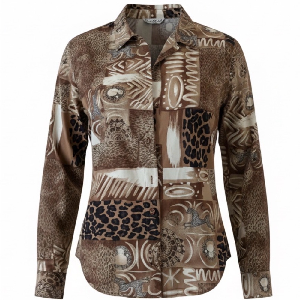 Le Caviar Oversized Brown Patterned Women's Button Down Shirt
